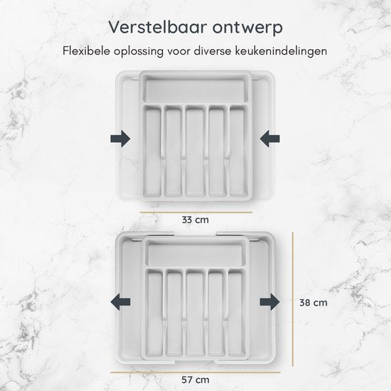 Deleca Range-couverts coulissant avec 8 compartiments - Range-couverts pour tiroir - Range-couverts pour tiroir de cuisine - Porte-couverts pour la cuisine - 57 x 38 cm - Plastique / Blanc Gris