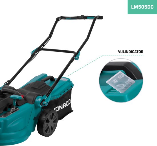 Tondeuse VONROC Accu - 40V - Largeur de coupe 38 cm - Quatre hauteurs de coupe réglables : 35/45/55/65 mm - Bac de ramassage 45L inclus - Batteries et chargeur rapide inclus.