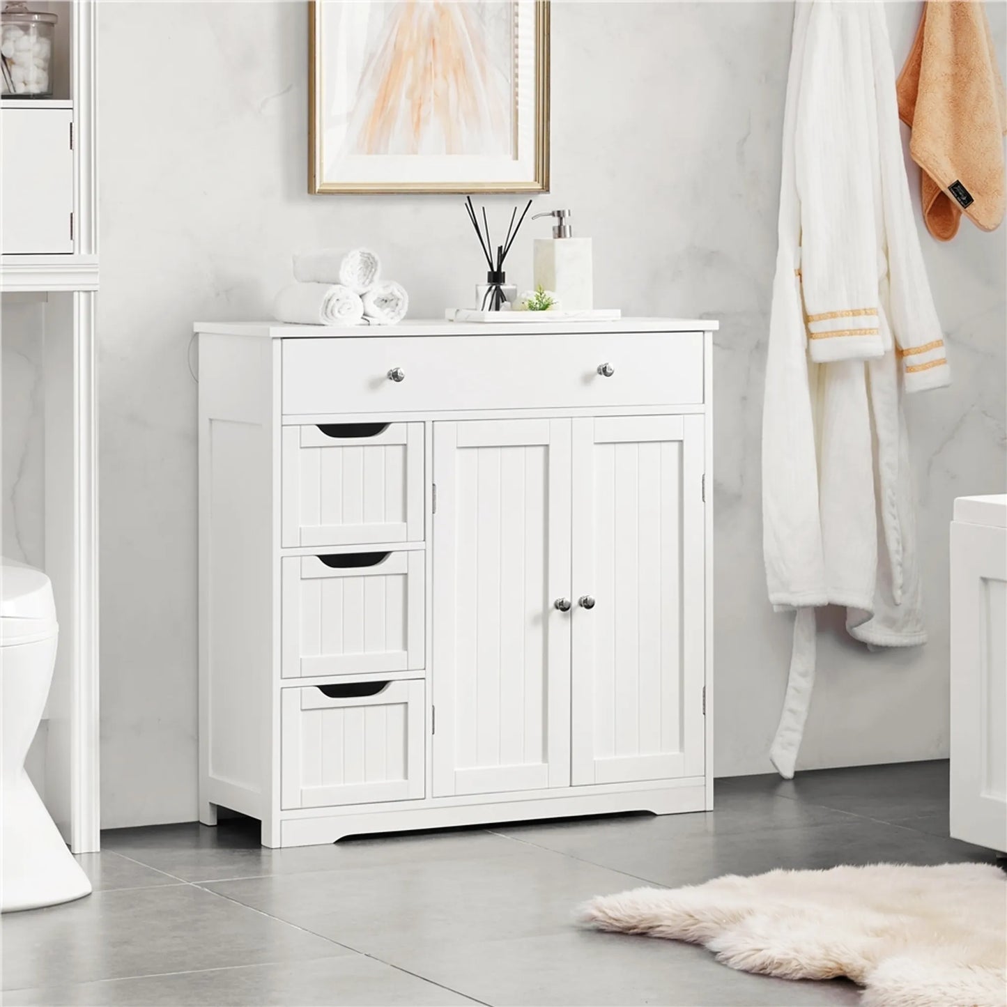 Yaheetech Meuble de salle de bain avec 4 tiroirs et 1 porte - équipé d'une étagère réglable, d'un système anti-basculement et d'un revêtement hydrofuge - pour la salle de bain et le salon - Mdf blanc - 81 x 30 x 81,5 cm