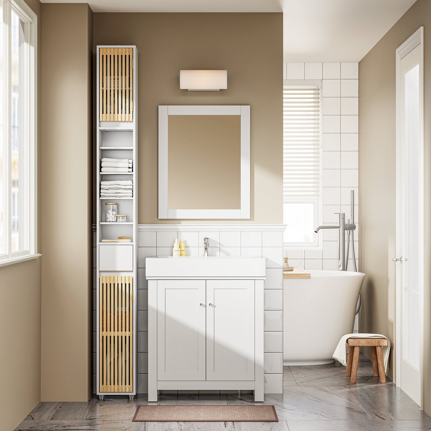 sobuy armoire de toilette haute avec portes en bambou - 20 × 20 × 180 cm | blanc