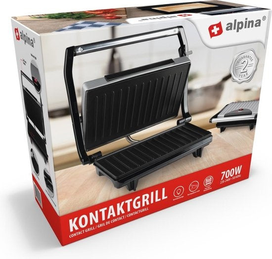 alpina Contact grill - Appareil à toasts - Revêtement antiadhésif - 700W - inox/noir