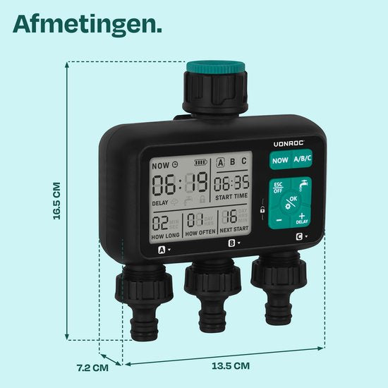 VONROC 3-way water timer - Ordinateur d'arrosage pour 3 zones - Temps et fréquence d'arrosage réglables par zone