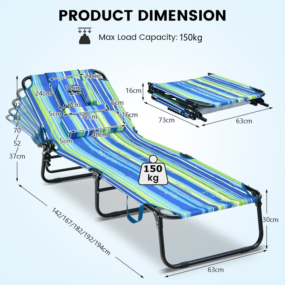 Chaise longue pliable avec ouverture au niveau du visage - Noir/Bleu/Couleur sable - 4 positions d'inclinaison - 160 kg - Avec 3 coussins