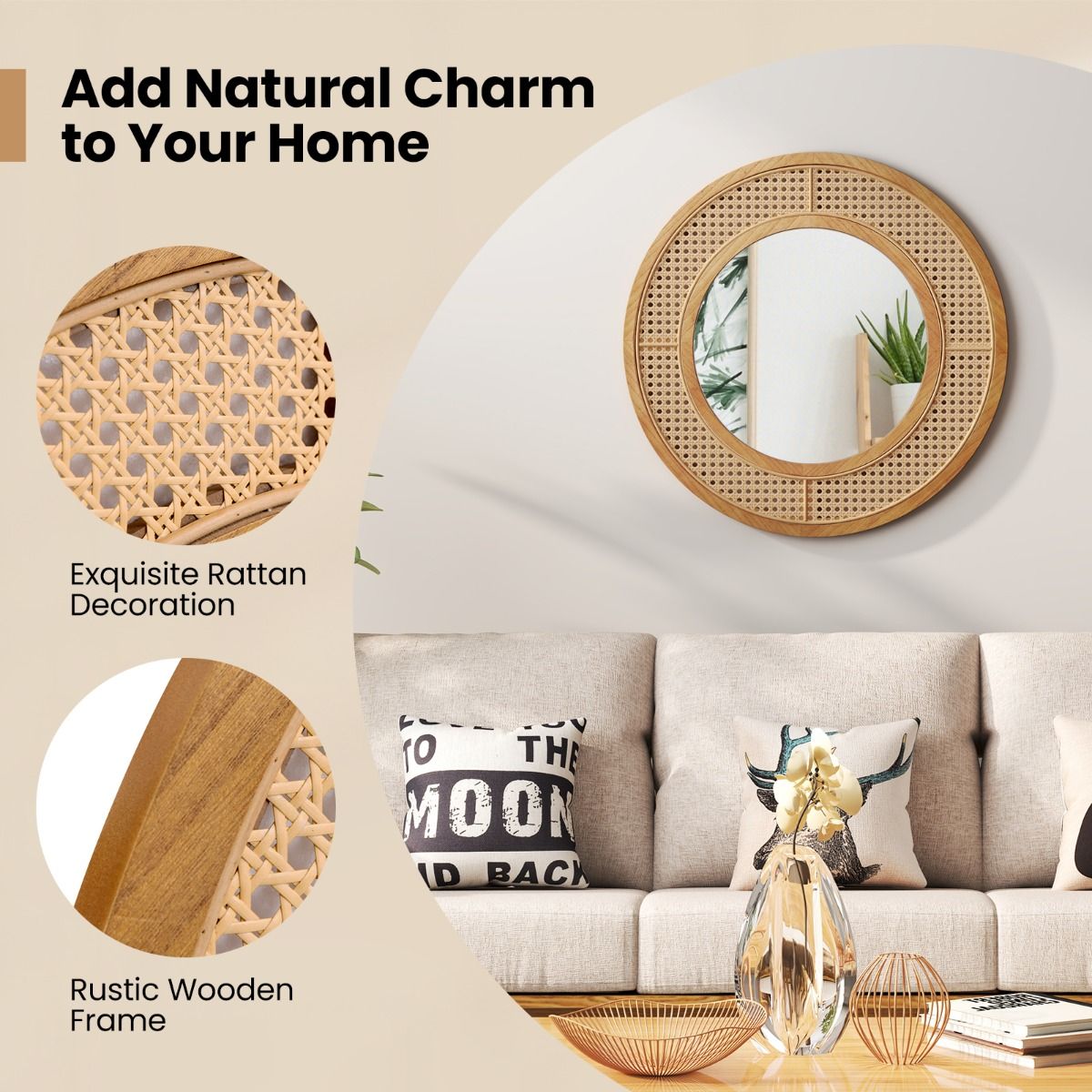 Miroir mural rond Coast - Décoration en rotin - Cadre en bois - 65 cm Naturel