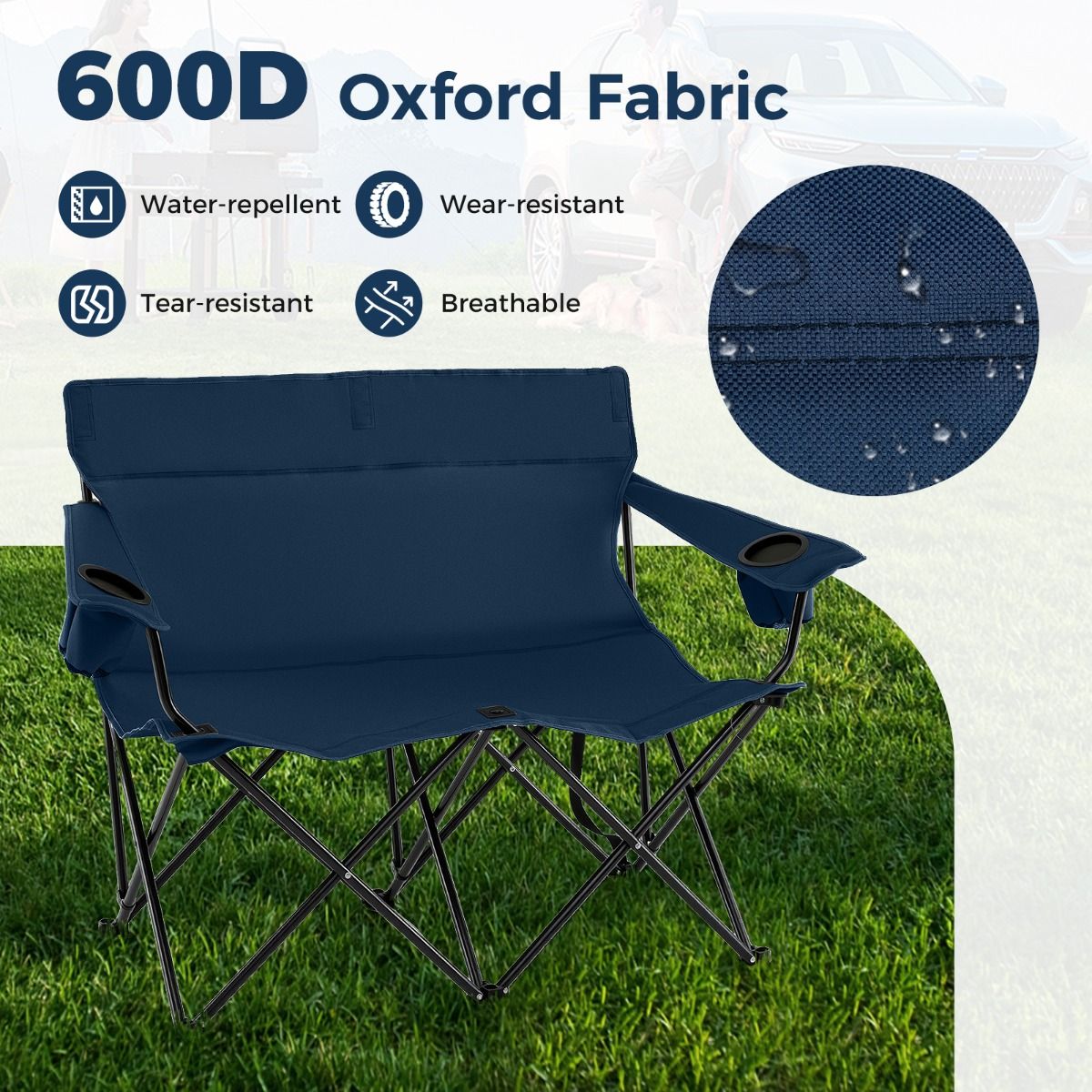 Chaise de camping double Coast - pliable, avec porte-gobelets et sac de transport - bleu foncé