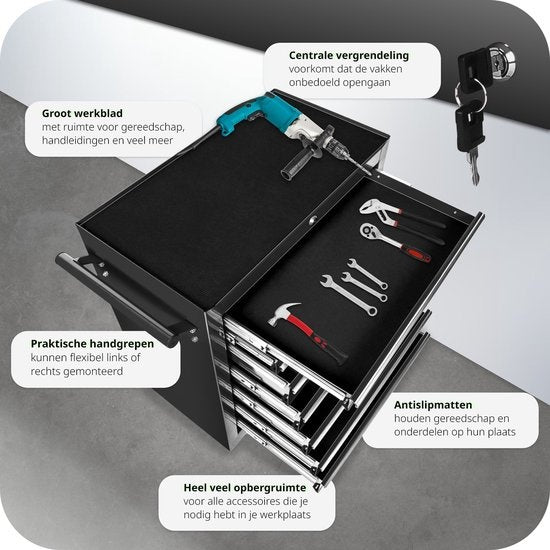 tectake® - Chariot à outils avec 7 tiroirs - noir - 402800