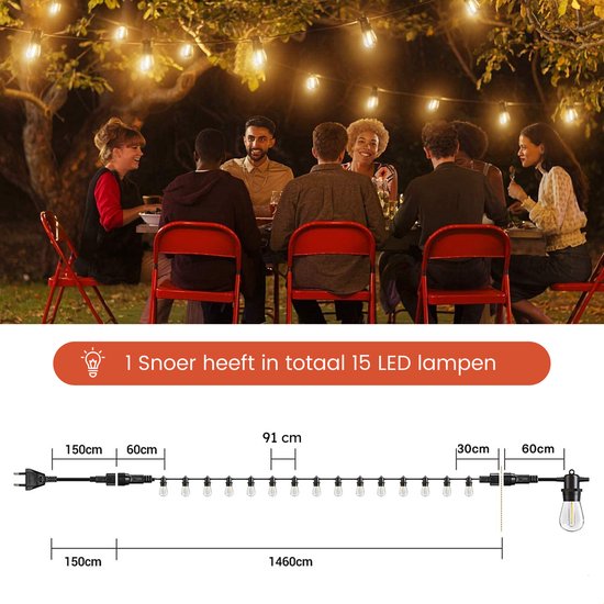 Partizzle 15m Guirlande lumineuse extérieure LED - Lumières de terrasse et de camping - Guirlande lumineuse de Noël - Lumières de Noël - Guirlande lumineuse étanche - 2700K / Blanc chaud