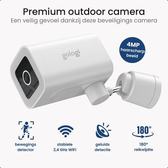 Gologi Premium Outdoor Camera - Caméra extérieure avec vision nocturne - Caméra de sécurité - Caméra de sécurité - 4MP - Caméra IP - Détection de son et de mouvement - Avec câble - Avec Wifi et App - Blanc