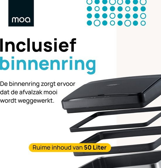 MOA Sensor Waste Bin - 50 litres - acier inoxydable & ABS durable - Antidérapant - Couvercle silencieux - Mode de fermeture différée - Inox - SB02S