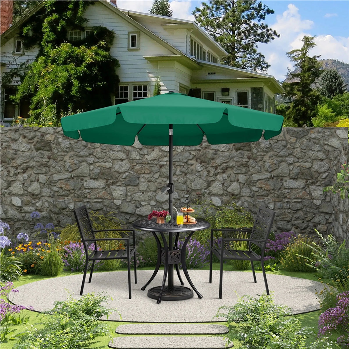 Parasol de jardin avec volant, Ø 267,5 cm, inclinable, avec 8 baleines et une ouverture d'aération, vert foncé