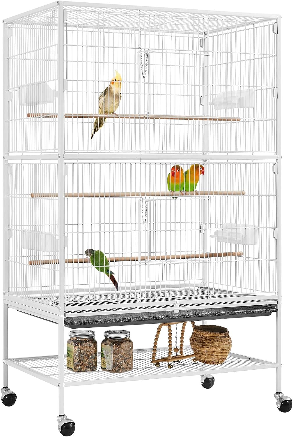 Cage à oiseaux Yaheetech avec support – 79 × 51,8 × 132 cm – Blanche – Cage pour perruches avec roulettes, 3 perchoirs en bois et 4 mangeoires