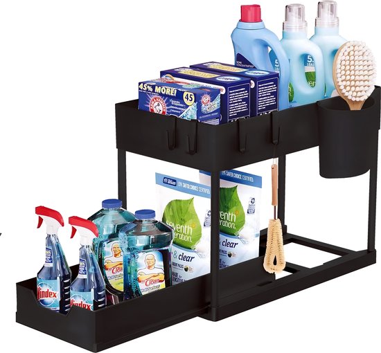 Nexxt Kitchen Cabinet Organiser - 2 Layers - Rack with Pull-out Drawer - Includes Hooks and Trays - Sink Organiser - Black