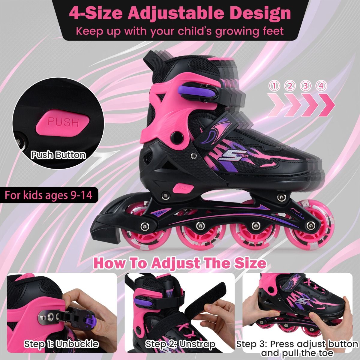 Rollers Coast pour enfants - réglables - roues lumineuses - pointures 38-41 EU - couleur rose