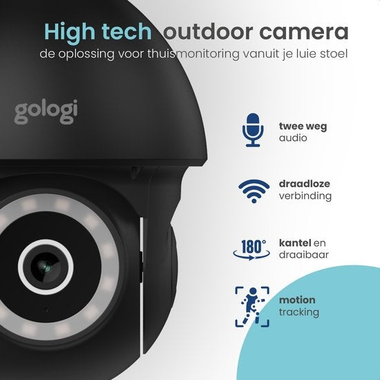 Gologi Superior Outdoor camera 2 - Caméra extérieure avec vision nocturne - Caméra de sécurité - Caméra de sécurité - Montage mural et sur toit - 4MP - Avec wifi et application - Noir