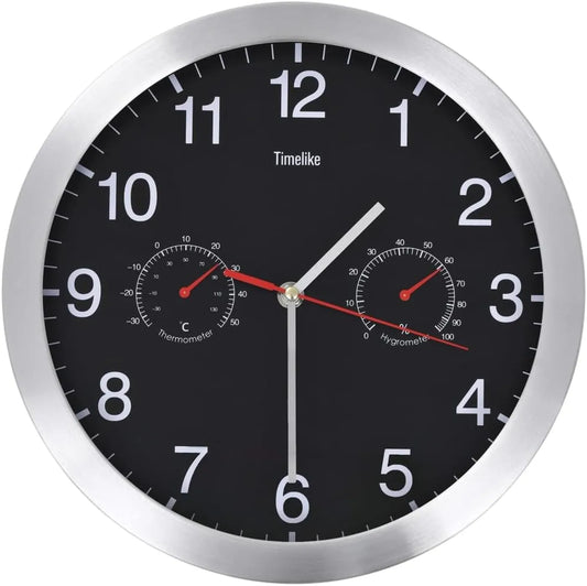 Horloge murale VidaXL Ø 30 cm avec thermomètre et hygromètre - Mouvement à quartz de précision - Aluminium noir