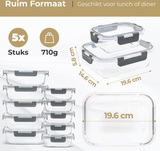 Stosh Plateaux pour préparation de repas - Plateaux pour aliments frais - Plateaux pour congélation - 10 pièces - 5x1050ML & 5x350ML - Sans BPA - Verre