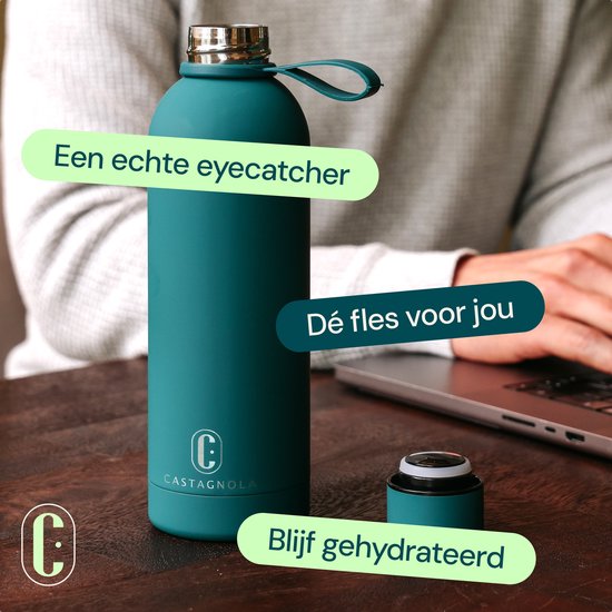 Bouteille d'eau Castagnola - Bouteille à boire en acier inoxydable 500 ML - Thermos en acier - Bouteilles à boire pour adultes - Double paroi - Bleu vert