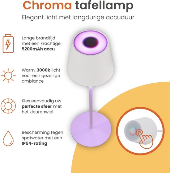 Goliving Chroma lampe de table rechargeable - sans fil et dimmable - lampe tactile - lampe de nuit chambre et salon - RGBW - 37.5 cm - blanc