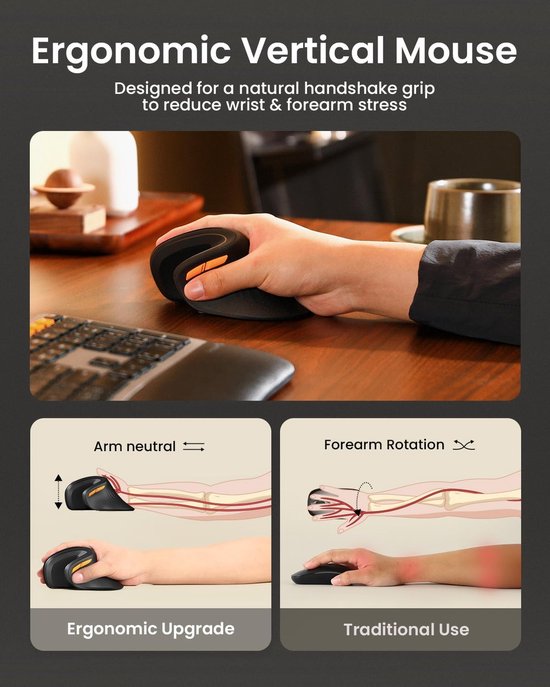Souris verticale ergonomique – Souris ergonomique sans fil – Bluetooth et 2,4 GHz – Rechargeable via USB-C – Compatible avec 3 appareils – DPI réglable – Silencieuse – Noire (pour droitiers)
