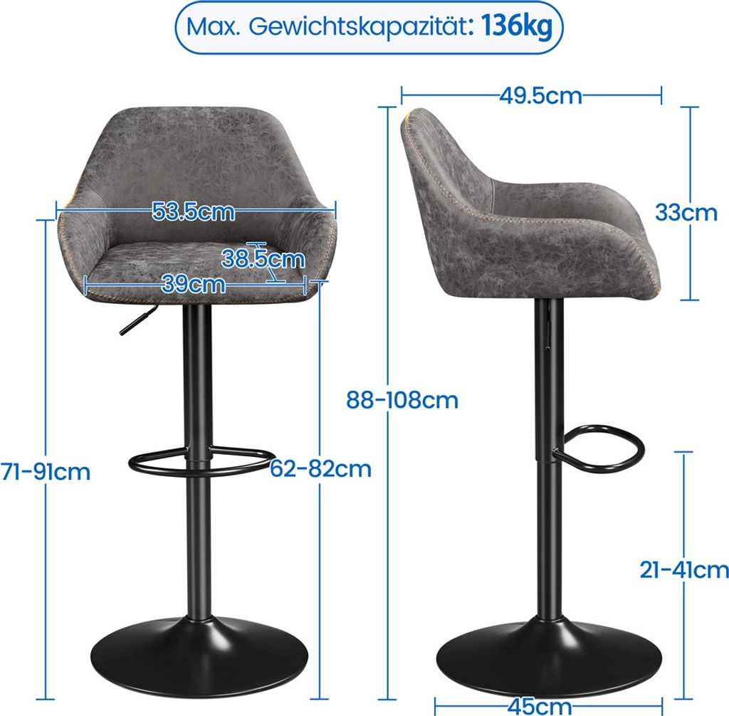 Lot de 2 tabourets de bar Yaheetech avec dossier - Pivotants à 360° - Réglables en hauteur de 87,5 à 107,5 cm - Simili cuir et métal - Gris