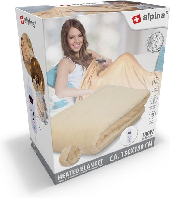 Couverture électrique Alpina Chauffage électrique 1 personne Flanelle avec minuterie 10 niveaux de chaleur 130x180 cm Beige