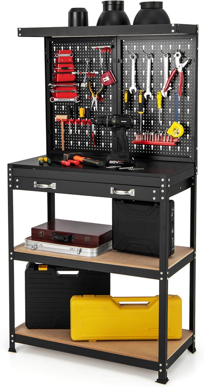 Établi Coast - 81 x 41 x 156 cm - Panneau à outils - Armoire de rangement - Métal - Rouge/Noir