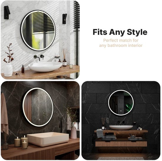 Miroir de salle de bains Mirlux avec éclairage LED et chauffage – Miroir mural rond – Miroir de douche anti-buée – 80 cm – Cadre noir