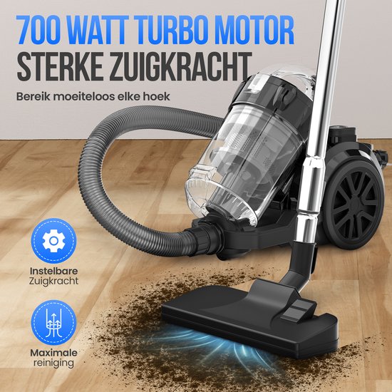 Strex Aspirateur sans sac - Aspirateur sans sac puissant de 700W - Filtre HEPA - Bac à poussière de 2,5L - Cordon extra long - 4 accessoires inclus
