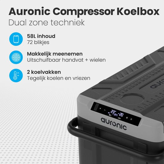Auronic Electric Cool Box - avec compresseur - congélation et réfrigération - capacité 58L - gris - 69,2 x 45,3 x 58 cm
