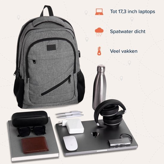 TRVLMORE Sac à dos - 36L - 17 inch - Sac à dos pour ordinateur portable - Sac d'école - Unisexe - Gris anti-éclaboussures