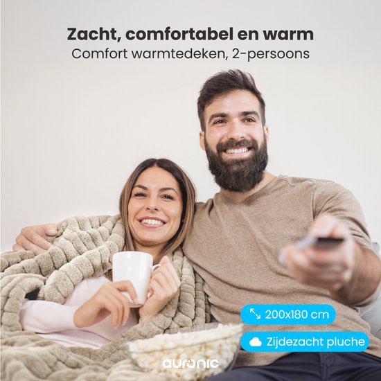 Couverture électrique Auronic - 200 x 180cm - 2 personnes - Couverture chauffante - 3 niveaux de chaleur - Peluche - Couverture chauffante - Taupe