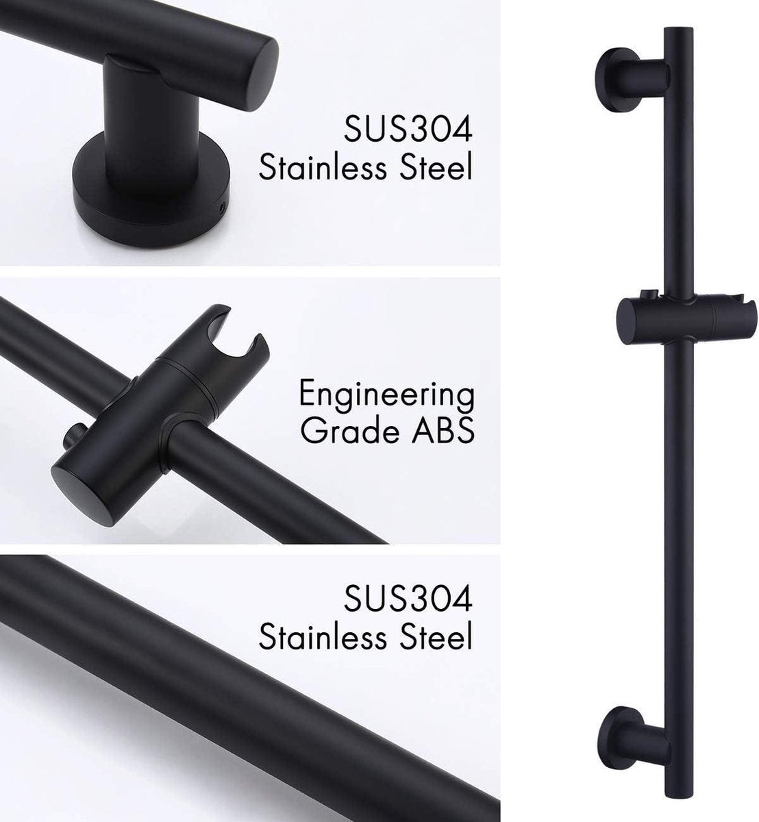 Barre de douche industrielle SUS304 avec pommeau de douche noir - Acier inoxydable - 150 cm de tuyau de douche - Noir