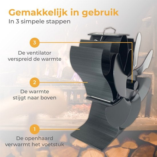 Nuvance - Ventilateur de poêle à bois - Thermomètre inclus - Ventilateur de cheminée - Ecofan de poêle - Ventilateur de chaleur - Noir