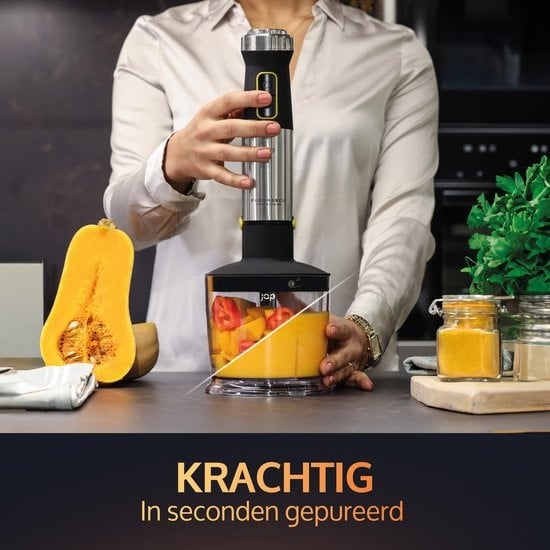 JAP Appliances ForceBlend F2 - 5in1 Hand blender set (1500W) - Comprend un hachoir, une tasse à mesurer, un broyeur à glace, un fouet et un batteur - Pour la soupe, la viande, les smoothies et les collations pour bébés - Black/RVS