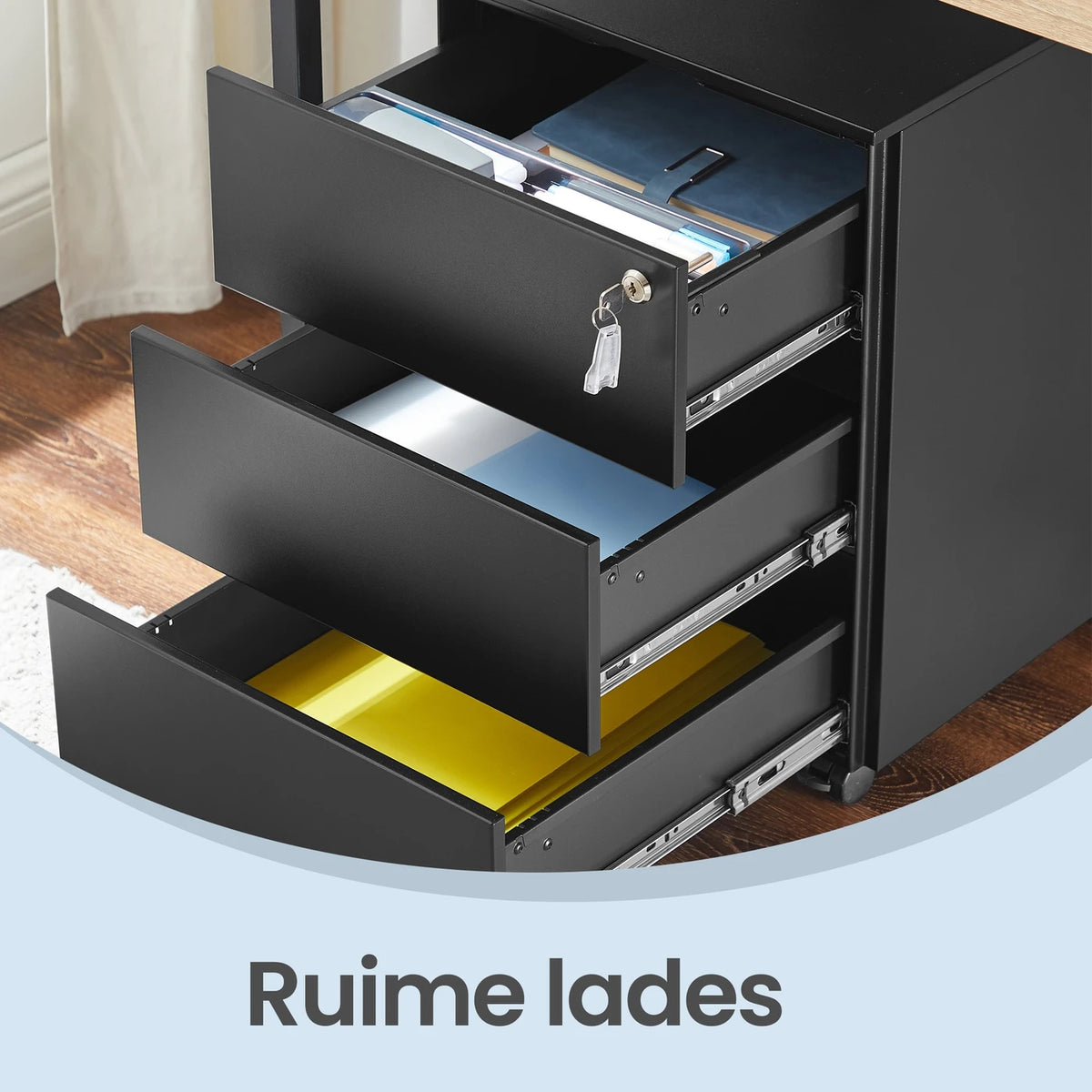 Armoire à dossiers mobile verrouillable Ochama Matte Black – 3 tiroirs, pré-assemblée, pour ranger des documents et des fournitures de bureau, 39 x 45,1 x 53,8 cm – Rangement compact pour le bureau ou le bureau à domicile