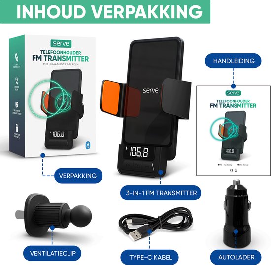 Serve 3in1 Bluetooth FM Transmitter, Phone Holder Car & Wireless Fast Charger 15W - Car Kit for Music - Phone Holders Car Accessories - Touchless Car Charger - Ventilation Holder