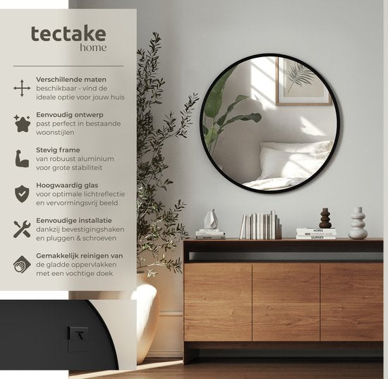 tectake® - Miroir mural rond Fiona - Miroir de salle de bain - Miroir rond avec cadre en aluminium robuste - Miroir pour la salle de bain, le salon ou la chambre - Diamètre de 80 cm