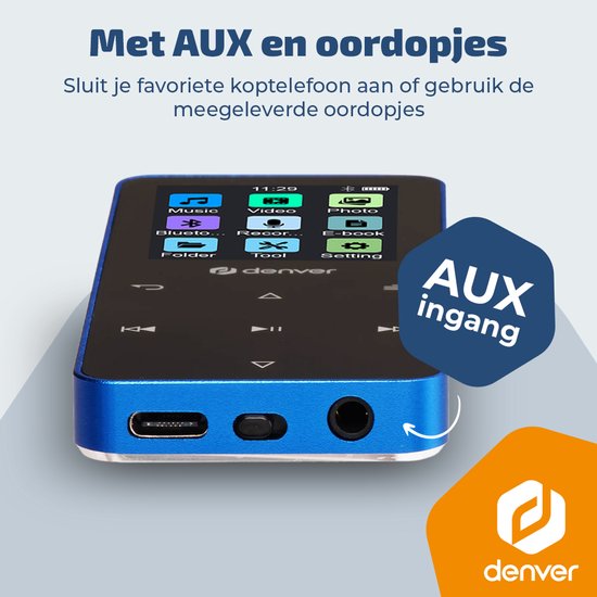 Lecteur MP3/MP4 Denver - Bluetooth - Lecture aléatoire/Répétition - Carte SD jusqu'à 128 Go - Écouteurs inclus - Dictaphone - MP1830BU - Bleu