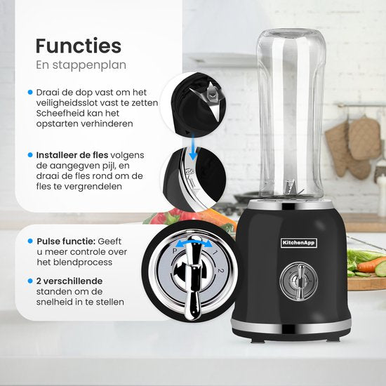 KitchenApp Blender to go - Mixeur rétro - Smoothie maker - Comprend deux tasses et de nombreux accessoires - Noir