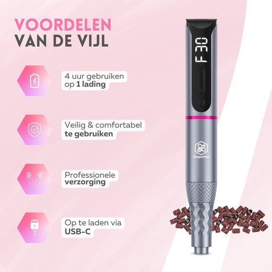Beeperfect® Lime à ongles électrique sans fil édition Pro - Moulin à ongles - Ensemble manucure et pédicure - Rechargeable - 11 embouts et 60 rouleaux de ponçage - 30,000RPM