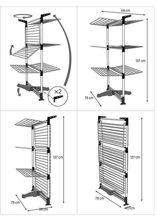 Tomado - Tour de séchage Ciclone - 40 mètres de longueur de séchage - Gris argenté - Pliable - Avec crochets pour cintres - Aluminium et métal -.