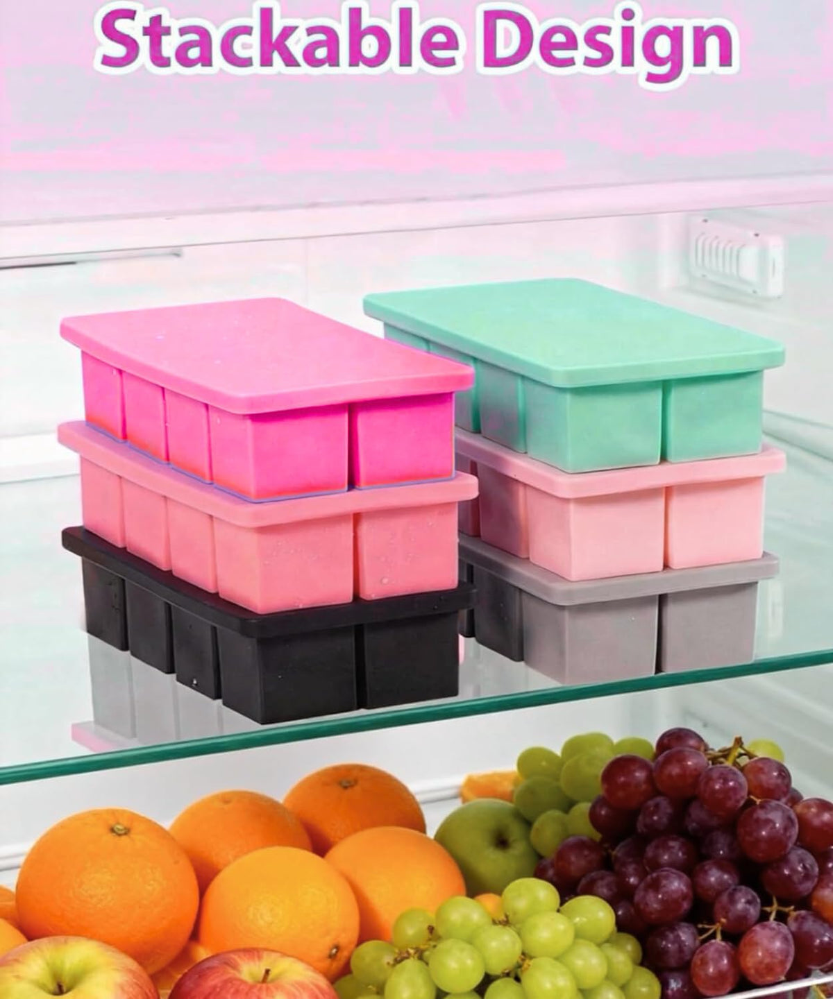 Lxndaser : lot de 2 bacs à glaçons grands formats avec couvercle - 16 glaçons carrés de 4,6 cm - Étanches et empilables - Rose foncé et rose clair