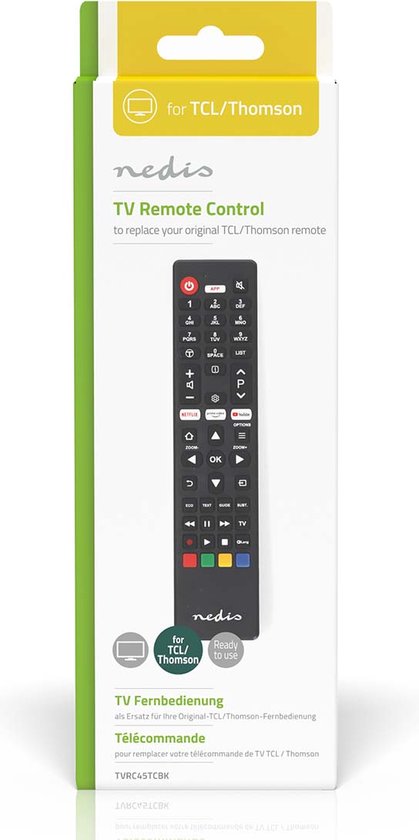 Télécommande de remplacement Nedis - Compatible avec : TCL/Thomson - Préprogrammée - 1 appareil - Bouton Amazon Prime / Netflix / YouTube - Infrarouge - Noir