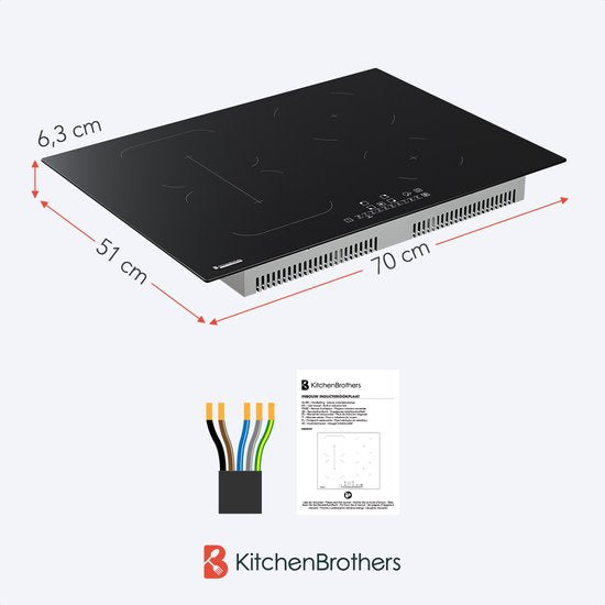 KitchenBrothers - Table de cuisson à induction encastrable - 70 cm - 4 zones de cuisson (2800W par zone) - Flex Zone & Turbo Boost - Verre & Céramique - Noir