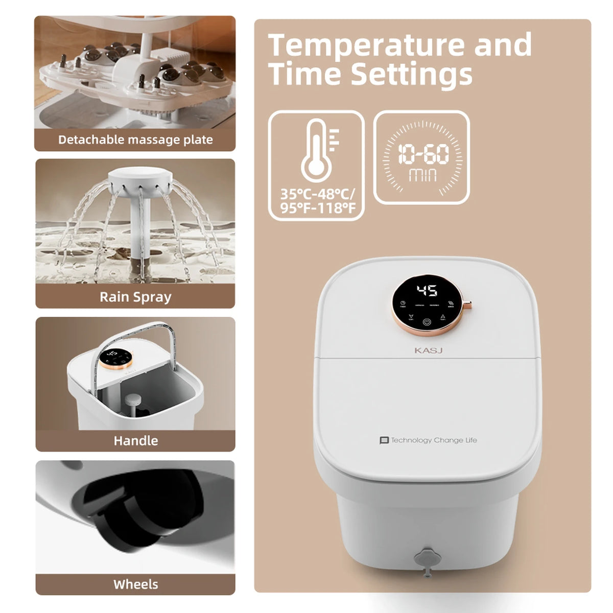 Bain de pieds électrique avec massage KASJ T6 – 4 rouleaux rotatifs, acupression des talons, chauffage de 35 à 48 °C, minuterie et vidange rapide