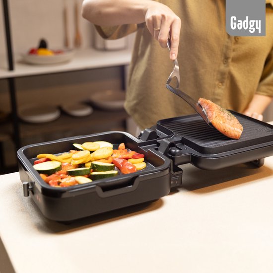 Grill de table Gadgy pivotant à 180° – 3-en-1 – Grill de table et appareil à panini – 1 400 W – Avec plaque antiadhésive amovible et structure rabattable – Régulateur de température – Cuisson allégée en matières grasses – Cooltouch