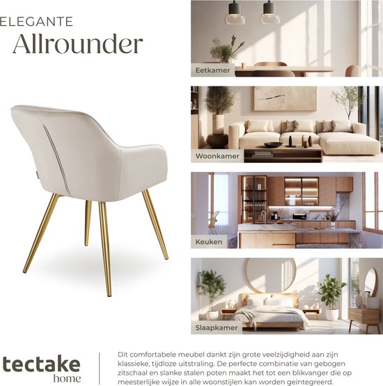 tectake® Marilyn Dining Chair - Avec accoudoirs - Chaise élégante avec assise en velours rembourrée - Tapissée - Pieds en métal doré - Chaise de cuisine ergonomique - Chaise pour salon, salle à manger et chambre à coucher - Taupe