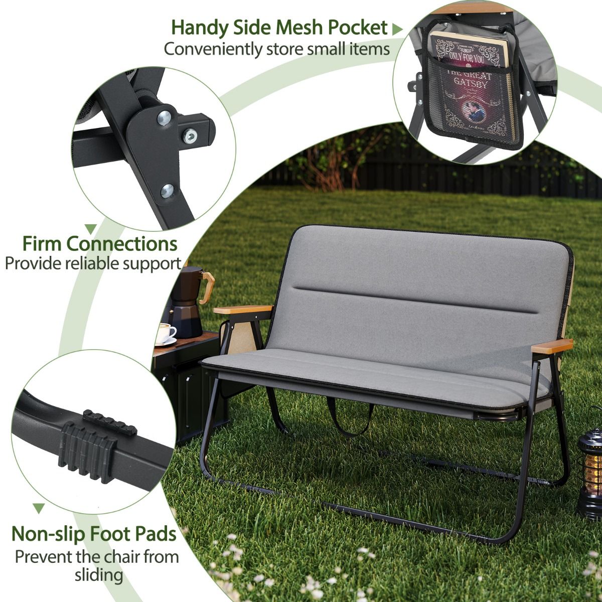 Chaise de camping double Coast - pliable - coussin amovible - gris
