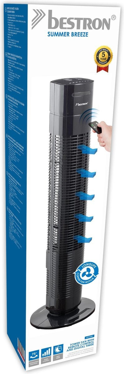 Bestron Torenventilator met aftstandsbediening, Ventilator met 3 snelheidsstanden & 75° graden draaifunctie, incl. Timer, hoogte: 78 cm, 35W, AFT770ZRC, kleur: zwart