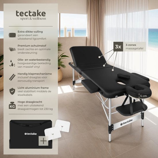 tectake® Table de massage à 3 zones - 70cm de large - Banc de traitement avec rembourrage de 5cm d'épaisseur et cadre en aluminium - 15 lingettes pour appui-tête et sac de transport inclus - Capacité de charge maximale de 230kg - Noir